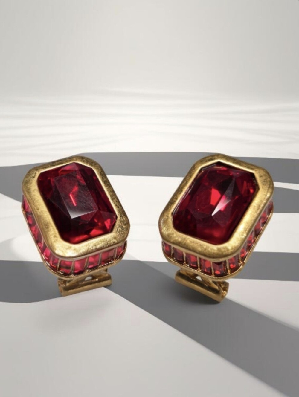 18k Gold Plated Cubed Ruby Red Crystal Omega Stud Earrings - Picture 2 of 5